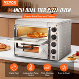 VEVOR Kommerzieller Pizzaofen Backofen 2-lagig 356 mm, elektrischer Pizzaofen aus Edelstahl mit vier Drehknöpfen, Mehrzweck-Pizzamaker Indoor, zum Backen im Restaurant, zu Hause, Silber