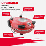 Klaif Elektrischer Pizzabäcker, 420 ℃, 1200 Watt, 5 separate Temperaturstufen, flammenbeständige Steinplatte 1200W 31 cm, rot